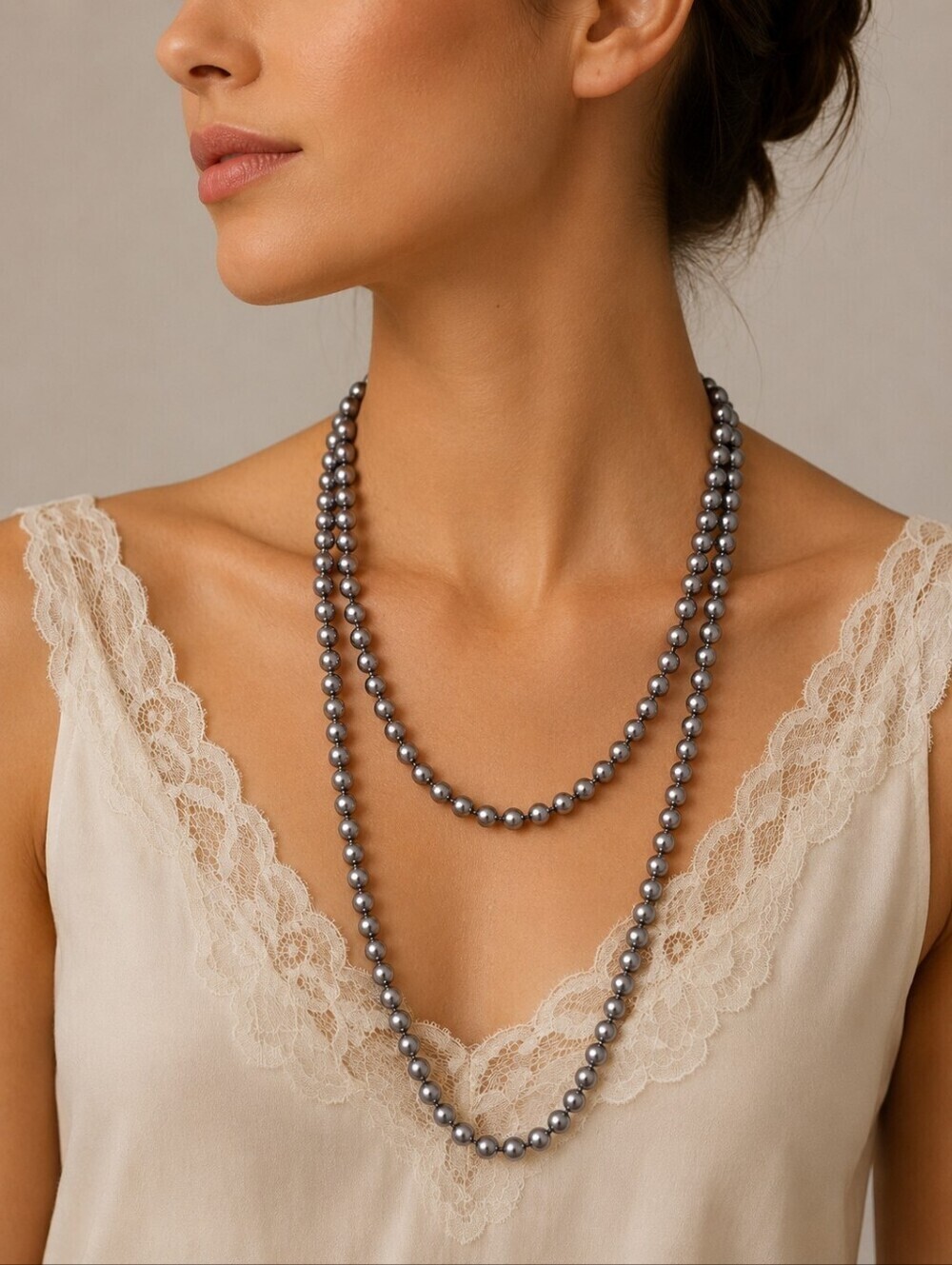 KISSAKA Extra Long Silver Gray Metal Pearl Knot Beaded Necklace